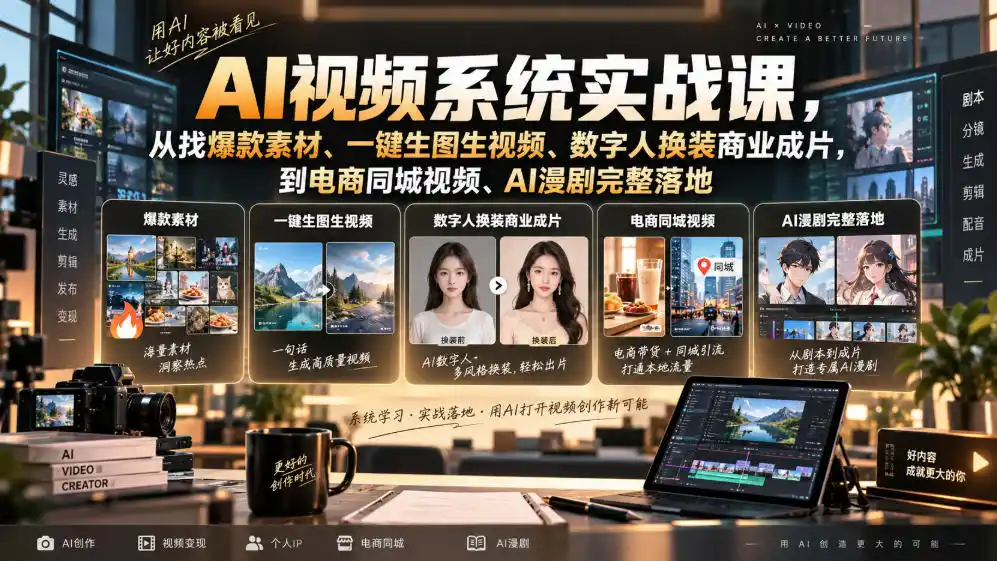 AI视频系统实战课，从找爆款素材、一键生图生视频、数字人换装商业成片，到电商同城视频、AI漫剧完整落地-创客联盟