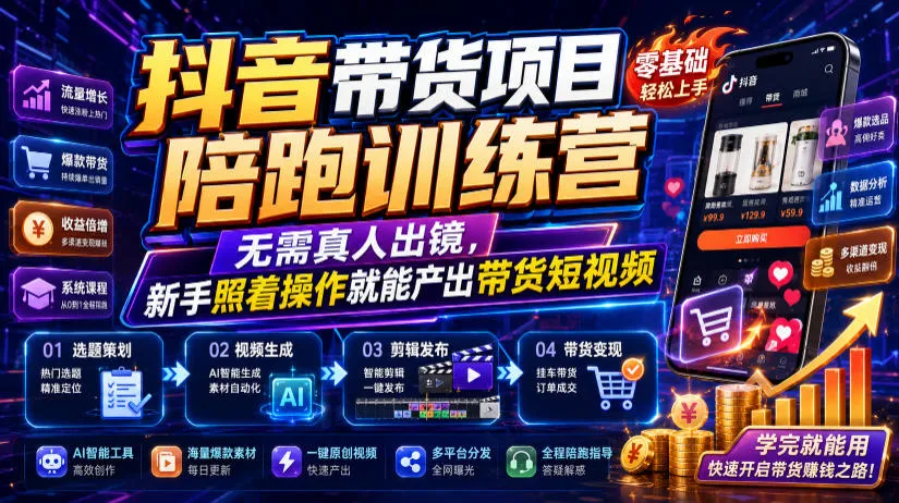 抖音带货项目陪跑训练营，无需真人出镜，新手照着操作就能产出带货短视频-创客联盟