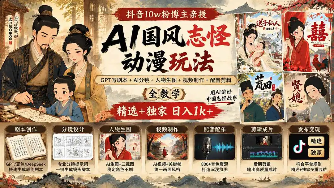 抖音10w粉博主亲授AI国风志怪动漫玩法|GPT写剧本+AI分镜+人物生图+视频制作+配音剪辑全教学|精选+独家日入1k+-创客联盟
