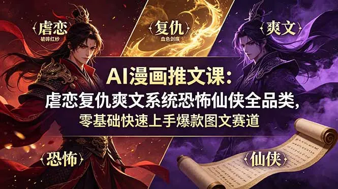 AI漫画推文课：虐恋复仇爽文系统恐怖仙侠全品类，零基础快速上手爆款图文赛道-创客联盟