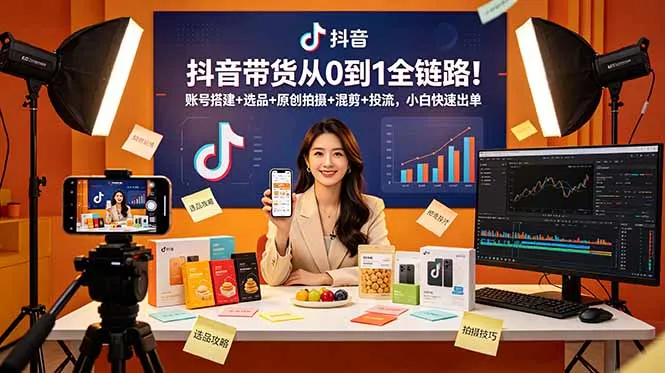 抖音带货从0到1全链路!账号搭建+选品+原创拍摄+混剪+投流,小白快速出单-创客联盟