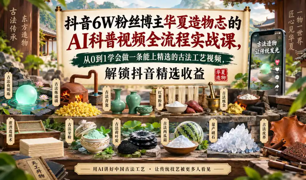 抖音6W粉丝博主华夏造物志的AI科普视频全流程实战课,从0到1学会做一条能上精选的古法工艺视频,解锁抖音精选收益-创客联盟