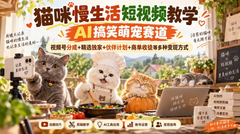 猫咪慢生活短视频教学,AI搞笑萌宠赛道,视频号分成+精选独家+伙伴计划+商单收徒等多种变现方式-创客联盟