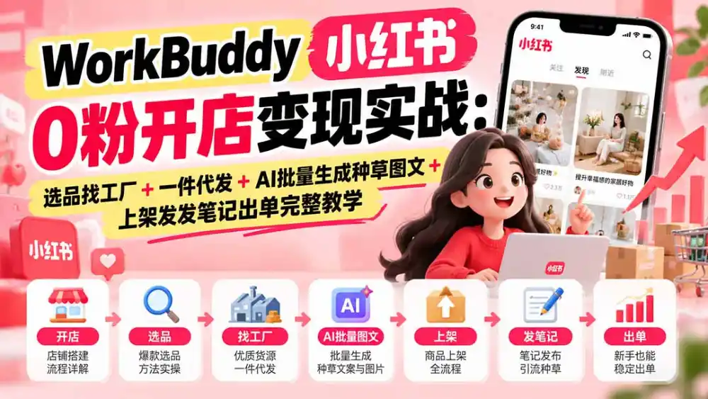 WorkBuddy小红书0粉开店变现实战：选品找工厂+一件代发+AI批量生成种草图文+上架发发笔记出单完整教学-创客联盟