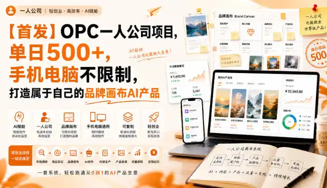 【首发】OPC一人公司项目，单日500+，手机电脑不限制，打造属于自己的品牌画布AI产品，收费陪跑【揭秘】-创客联盟