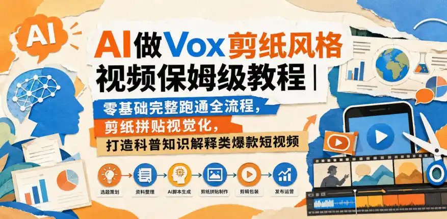 AI做Vox剪纸风格视频保姆级教程｜零基础完整跑通全流程，剪纸拼贴视觉化，打造科普知识解释类爆款短视频-创客联盟
