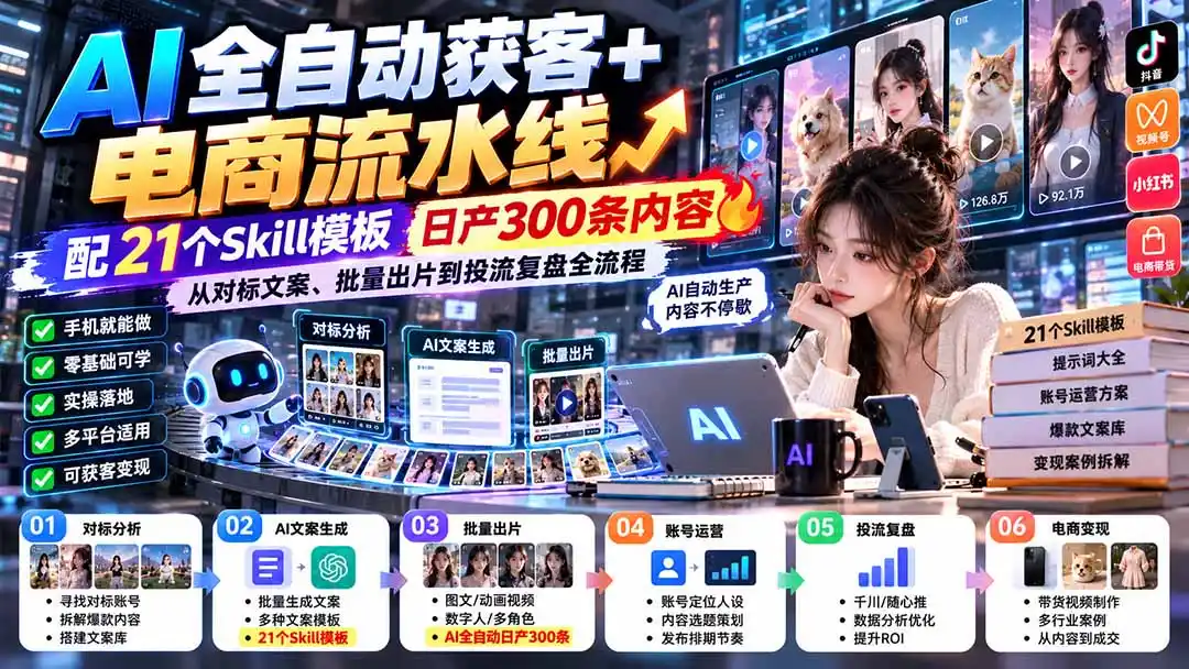 【无水印】AI全自动获客+电商流水线：配21个Skill模板，日产300条内容，从对标文案、批量出片到投流复盘全流程-创客联盟