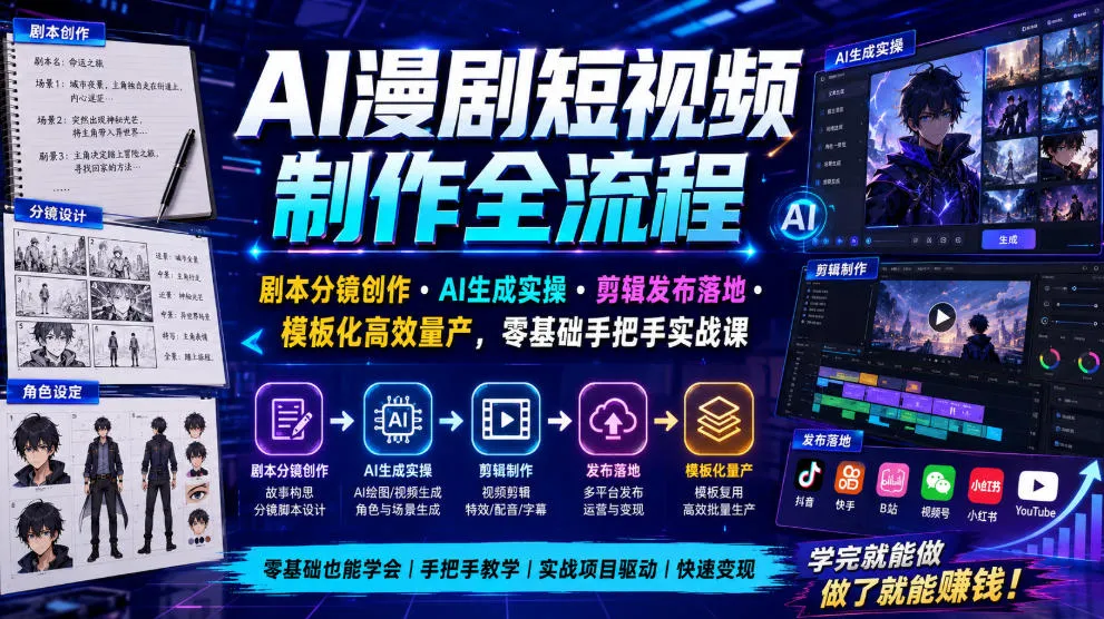 AI漫剧短视频制作全流程｜剧本分镜创作・AI生成实操・剪辑发布落地・模板化高效量产，零基础手把手实战课-创客联盟