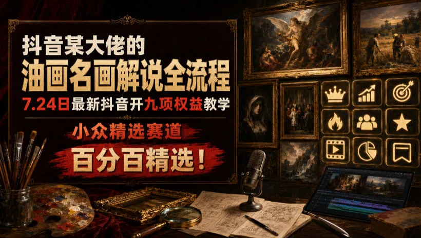 抖音某大佬的油画名画解说全流程，7.24日最新抖音开九项权益教学，小众精选赛道，百分百精选！-创客联盟