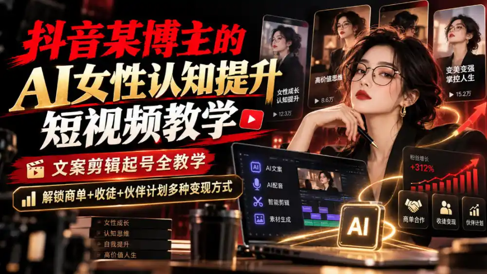 抖音某博主的Ai女性认知提升短视频教学，文案剪辑起号全教学，解锁商单+收徒+伙伴计划多种变现方式-创客联盟