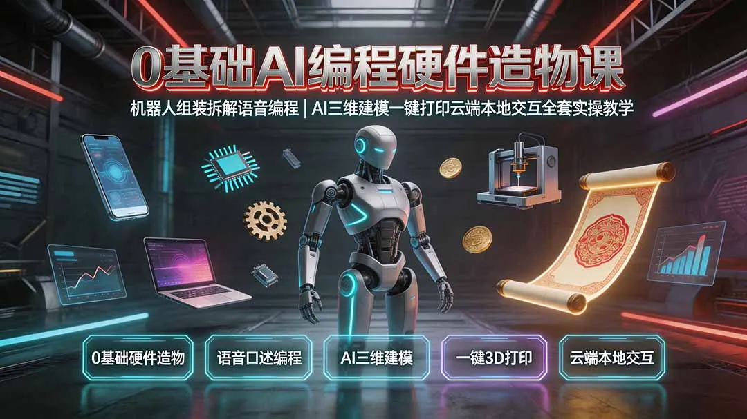 0基础AI编程硬件造物课|机器人组装拆解语音编程,AI三维建模一键打印云端本地交互全套实操教学-创客联盟