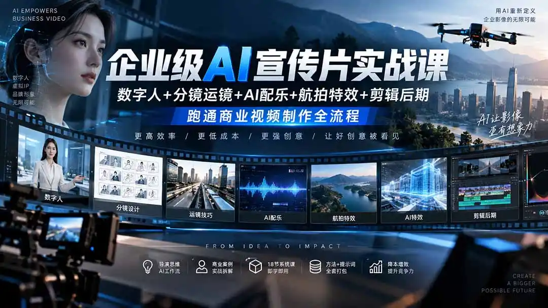 企业级AI宣传片实战课|数字人+分镜运镜+AI配乐+航拍特效+剪辑后期,跑通商业视频制作全流程-创客联盟