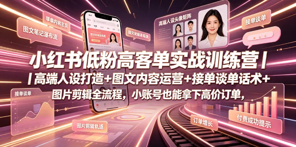 小红书低粉高客单实战训练营｜高端人设打造+图文内容运营+接单谈单话术+图片剪辑全流程，小账号也能拿下高价订单-创客联盟