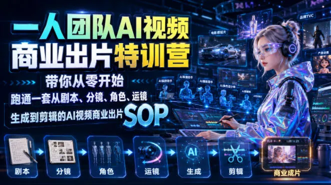 一人团队AI视频商业出片实战课：带你从零开始跑通一套从剧本、分镜、角色、运镜、生成到剪辑的AI视频商业出片SOP-创客联盟