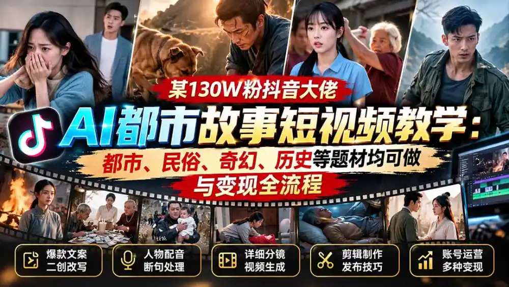 某130W粉抖音大佬AI都市故事短视频教学：都市、民俗、奇幻、历史等题材均可做与变现全流程-创客联盟
