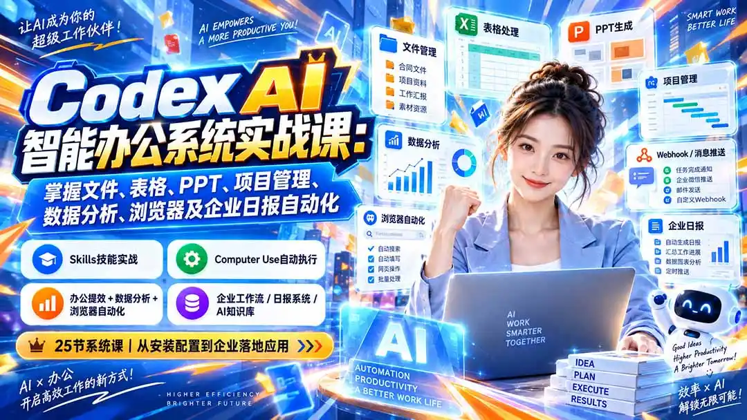 Codex AI智能办公系统实战课:掌握文件、表格、PPT、项目管理、数据分析、浏览器及企业日报自动化-创客联盟