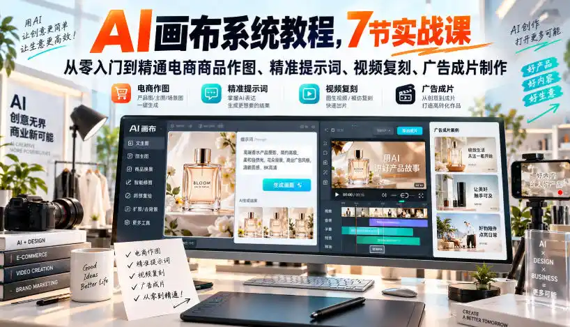 AI画布系统教程,7节实战课从零入门到精通电商商品作图、精准提示词、视频复刻、广告成片制作-创客联盟