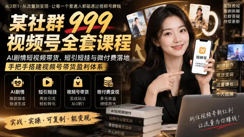 某社群999视频号全套课程,AI剧情短视频带货、短引短挂与微付费落地,手把手搭建视频号带货盈利体系-创客联盟