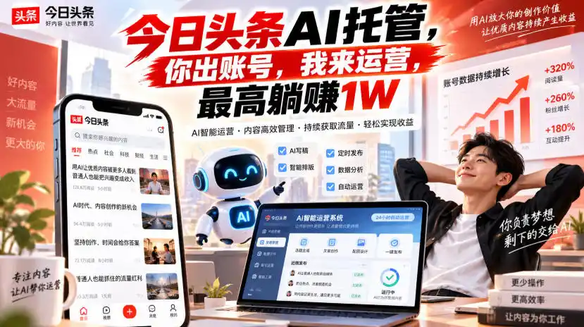 今日头条AI托管,你出账号,我来运营,最高躺賺1W【揭秘】-创客联盟