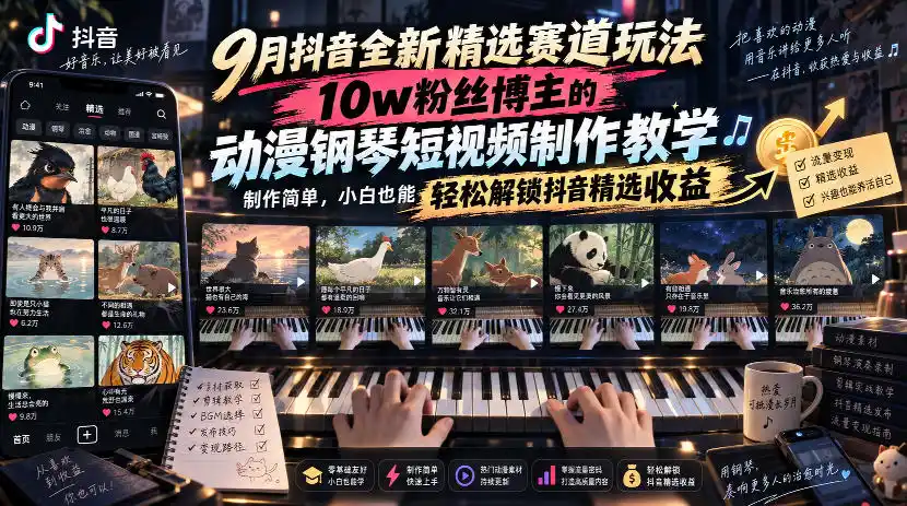 9月抖音全新精选赛道玩法,10w粉丝博主的动漫钢琴短视频制作教学,制作简单,小白也能轻松解锁抖音精选收益-创客联盟
