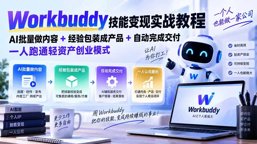 Workbuddy技能变现实战教程:AI批量做内容+经验包装成产品+自动完成交付,一人跑通轻资产创业模式-创客联盟