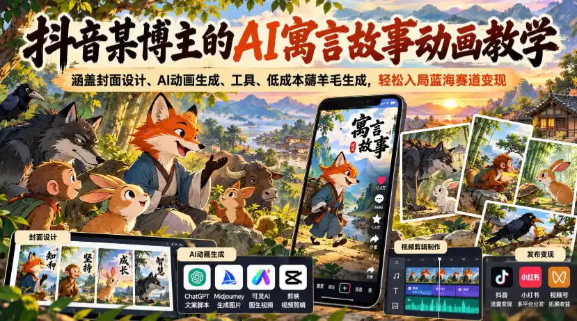 抖音某博主的AI寓言故事动画教学，涵盖封面设计、AI动画生成、工具、低成本薅羊毛生成，轻松入局蓝海赛道变现-创客联盟
