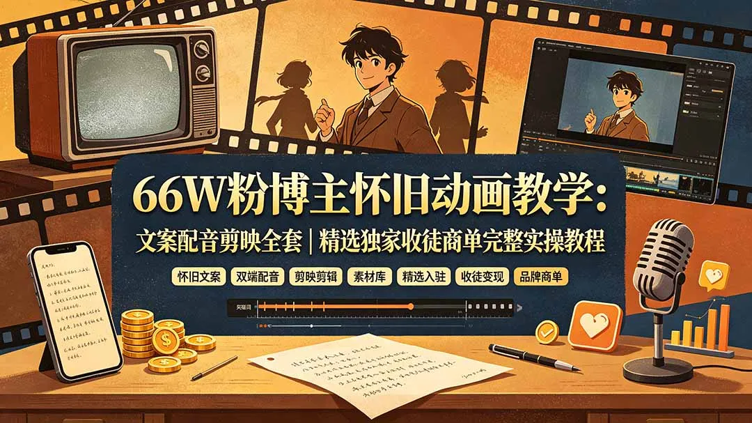 66W粉博主怀旧动画教学：文案配音剪映全套｜精选独家收徒商单完整实操教程-创客联盟