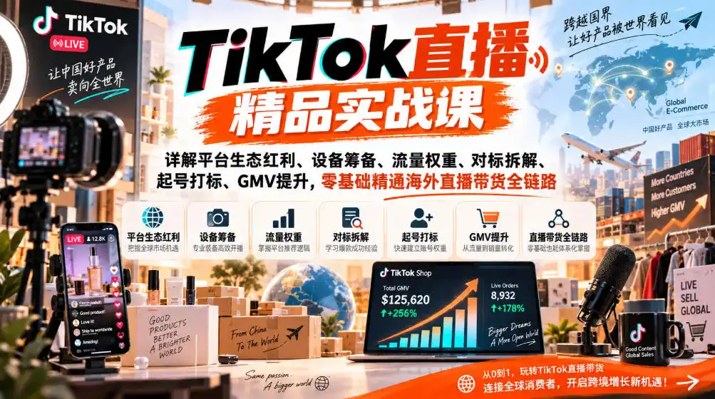 TikTok直播精品实战课,详解平台生态红利、设备筹备、流量权重、对标拆解、起号打标、GMV提升,零基础精通海外直播带货全链路-创客联盟