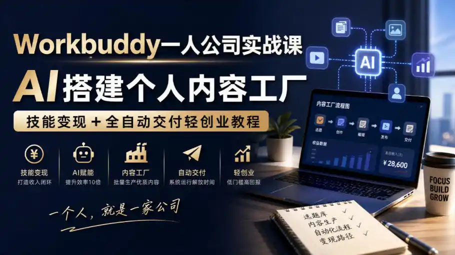 Workbuddy一人公司实战课，AI搭建个人内容工厂，技能变现+全自动交付轻创业教程-创客联盟