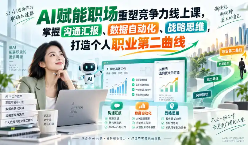 AI赋能职场重塑竞争力线上课，掌握沟通汇报、数据自动化、战略思维，打造个人职业第二曲线-创客联盟