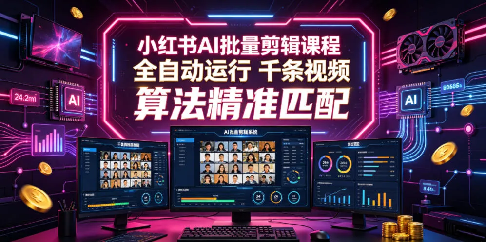 小红书AI批量剪辑课程,24小时全自动运行,解放双手专注运营,千条视频批量处理,小红书算法精准匹配-创客联盟
