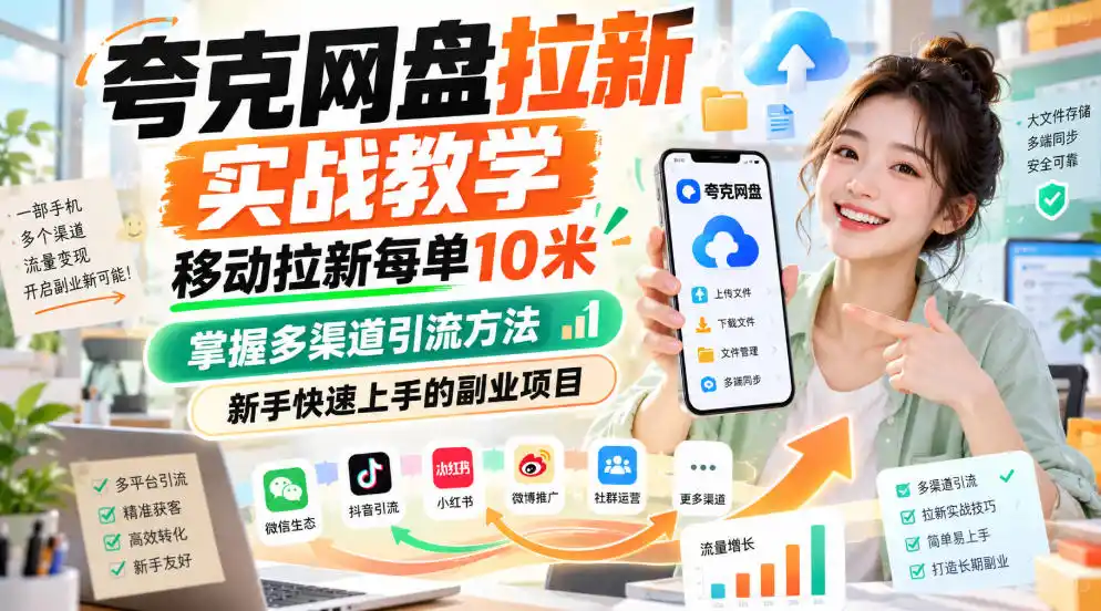 夸克网盘拉新实战教学,移动拉新每单10米,掌握多渠道引流方法,新手快速上手的副业项目-创客联盟