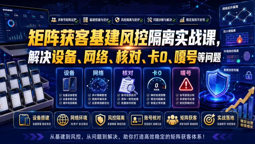 矩阵获客基建风控隔离实战课，解决设备、网络、核对、卡0、嘎号等问题-创客联盟