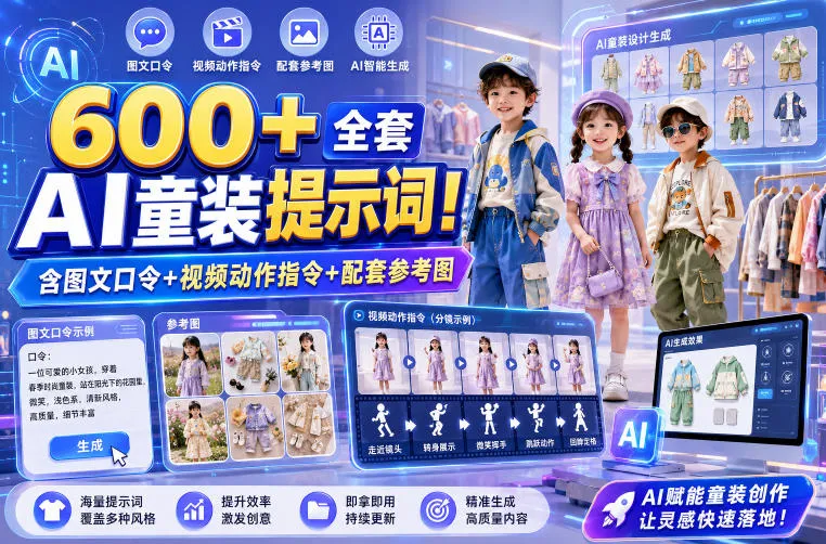 600+全套AI童装提示词！含图文口令+视频动作指令+配套参考图，Word-Excel规整分类，童装电商、种草无脑量产内容！-创客联盟