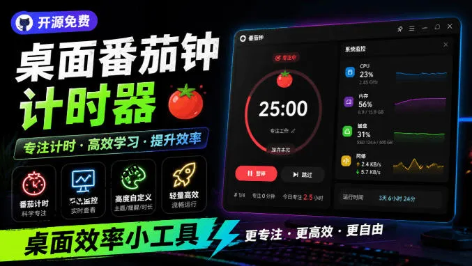 仅1.16MB，开源极简的桌面时钟、番茄钟计时器，还支持系统监控显示，桌面效率小工具Catime-创客联盟