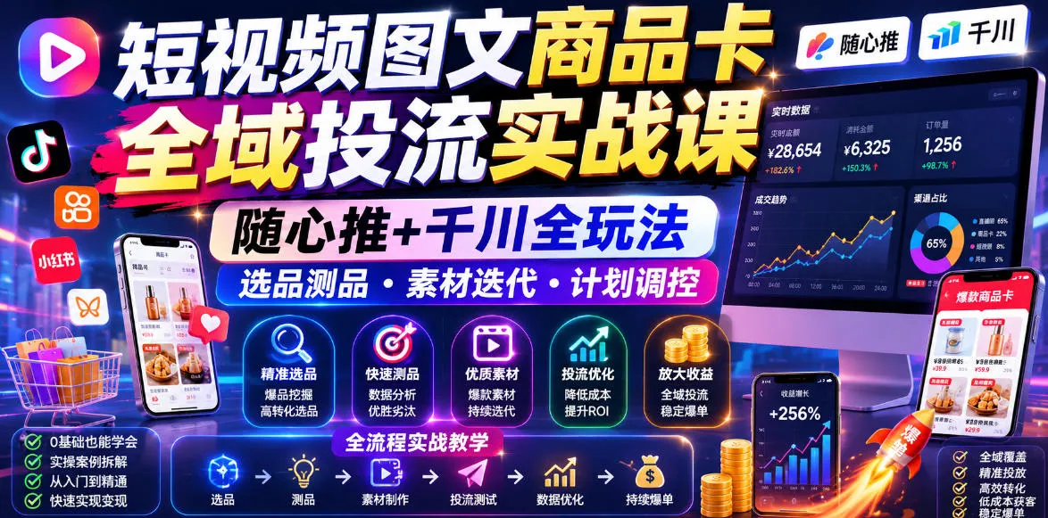 短视频图文商品卡全域投流实战课,随心推+千川全玩法,选品测品・素材迭代・计划调控,提升ROI爆单增收教程-云网创