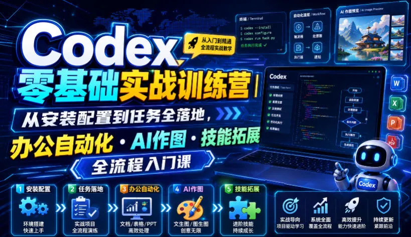 Codex零基础实战训练营｜从安装配置到任务全落地，办公自动化・AI作图・技能拓展全流程入门课-创客联盟