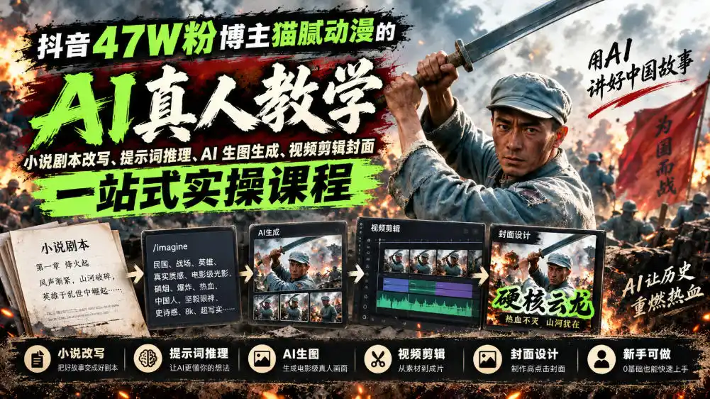 抖音47W粉博主猫腻动漫的AI真人漫剧教学,小说剧本改写、提示词推理、AI生图生成、视频剪辑封面一站式实操课程-创客联盟