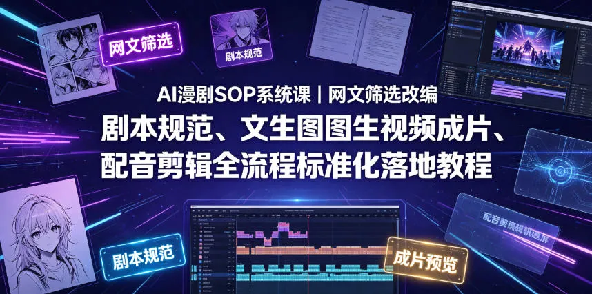 AI漫剧SOP系统课｜网文筛选改编、剧本规范、文生图图生视频成片、配音剪辑全流程标准化落地教程-创客联盟