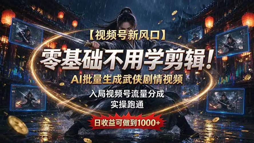 【视频号新风口】零基础不用学剪辑！AI 批量生成武侠剧情视频，入局视频号流量分成，实操跑通，日收益可做到 1000+-创客联盟