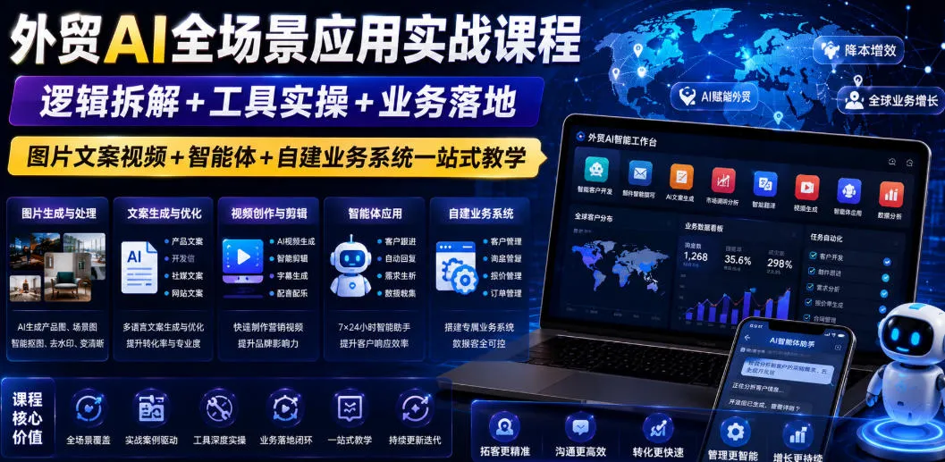 外贸AI全场景应用实战课程｜逻辑拆解+工具实操+业务落地，图片文案视频+智能体+自建业务系统一站式教学-创客联盟