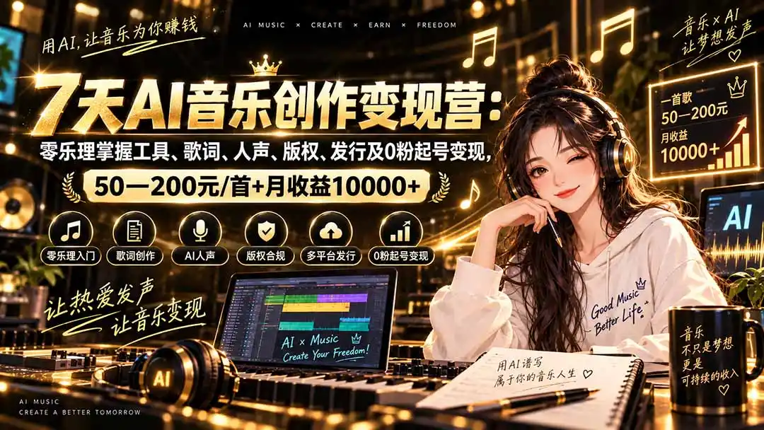 AI音乐创作变现营：零乐理掌握工具、歌词、人声、版权、发行及0粉起号变现，50—200元/首+月收益10000+-创客联盟