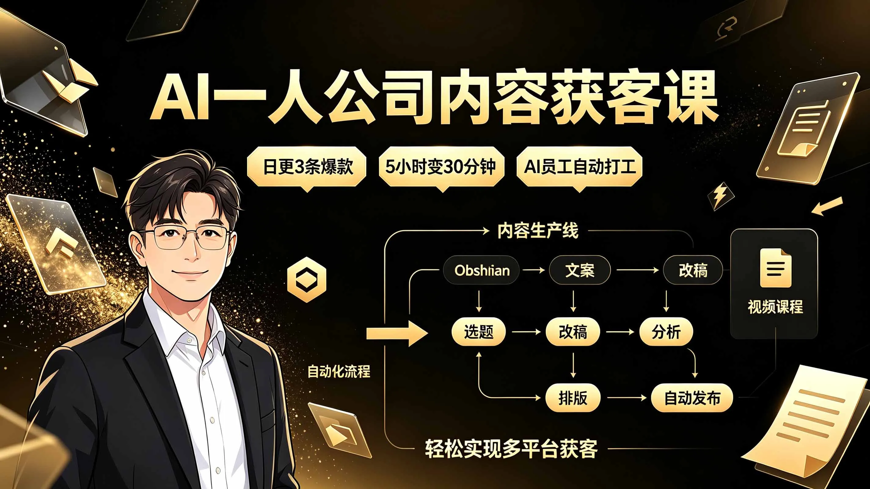 AI一人公司内容获客课：日更3条爆款×5小时变30分钟×AI员工自动打工，轻松实现多平台获客-创客联盟