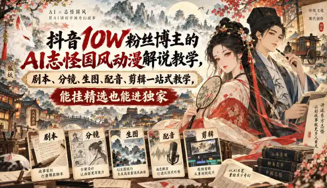抖音10W粉丝博主满堂诡事的AI志怪国风动漫解说教学,剧本、分镜、生图、配音、剪辑一站式教学,能挂精选也能进独家-创客联盟