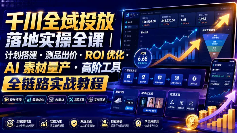 千川全域投放落地实操全课｜计划搭建・测品出价・ROI优化・AI素材量产・高阶工具全链路实战教程-创客联盟