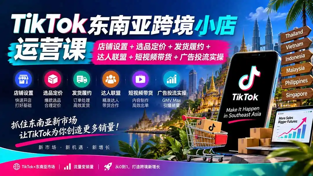 TikTok东南亚跨境小店运营课:店铺设置+选品定价+发货履约+达人联盟+短视频带货+广告投流实操-创客联盟