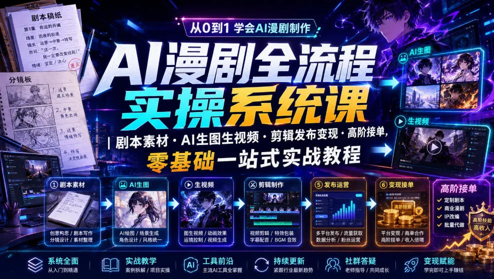 AI漫剧全流程实操系统课｜剧本素材・AI生图生视频・剪辑发布变现・高阶接单，零基础一站式实战教程-创客联盟
