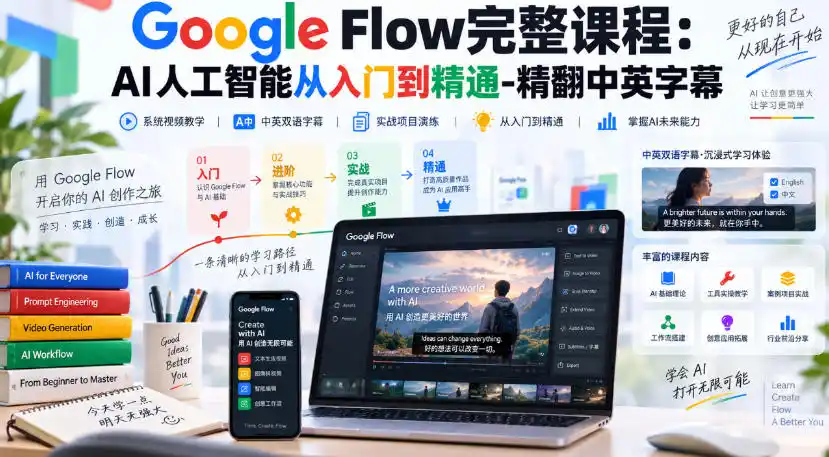 【无水印】Google Flow完整课程：AI人工智能从入门到精通-精翻中英字幕-创客联盟