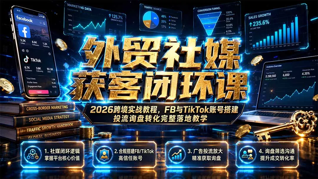 外贸社媒获客闭环课|2026跨境实战教程,FB与TikTok账号搭建投流询盘转化完整落地教学-创客联盟