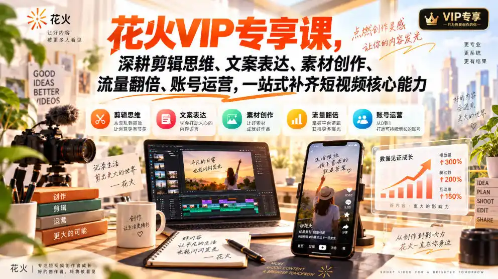 花火VIP专享课,深耕剪辑思维、文案表达、素材创作、流量翻倍、账号运营,一站式补齐短视频核心能力-创客联盟